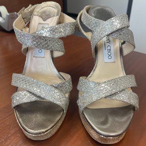 Jimmy Choo Metallic Gold Glitter Strappy Platform Sandals